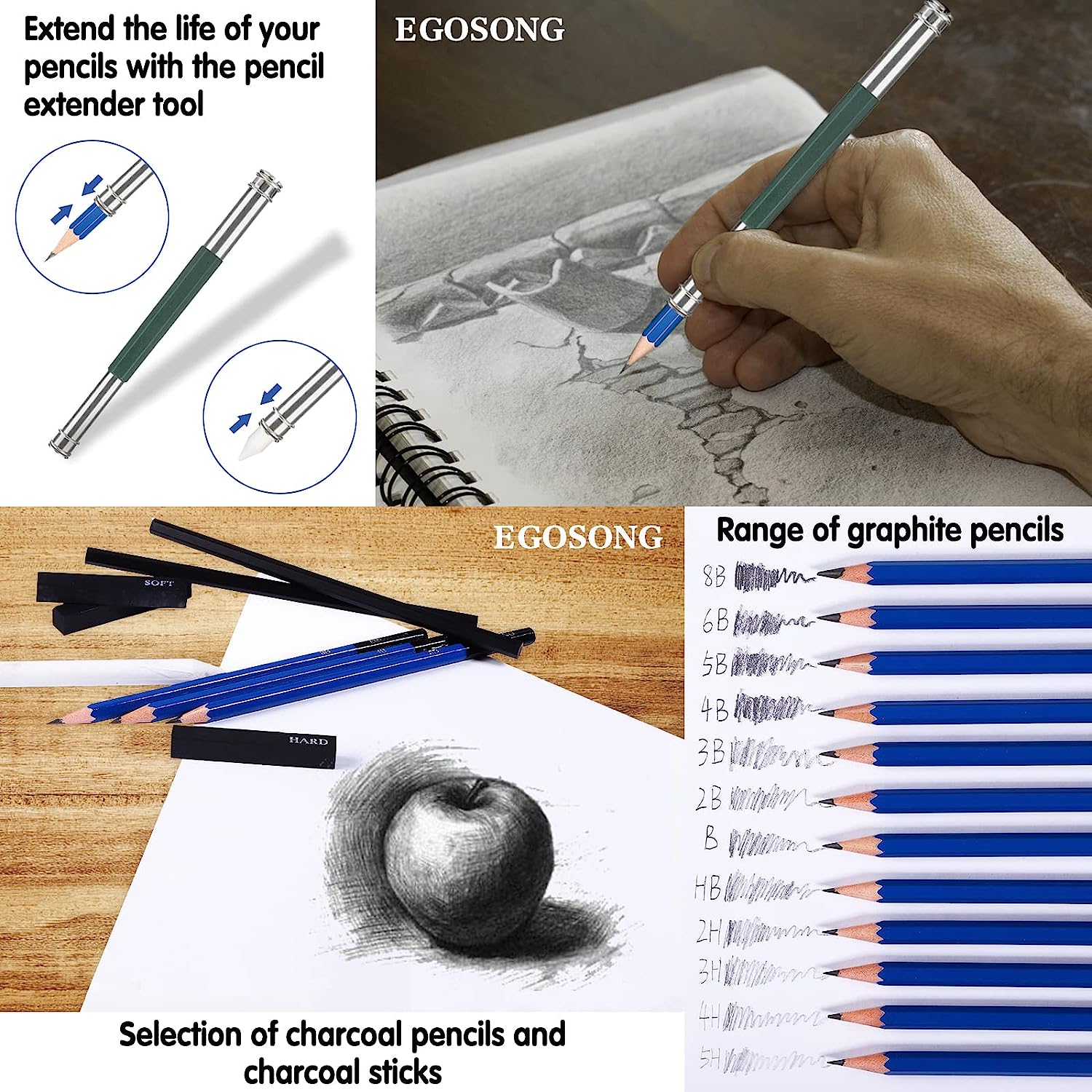 EGOSONG 41 Pack Professional Art Supplies – Graphite/Charcoal Pencils Art Set – All in One Drawing Tools Sketching Art Kit with Sketchbook – Portable Travel Drawing Kit for Adults Beginners & Artists - Image 5